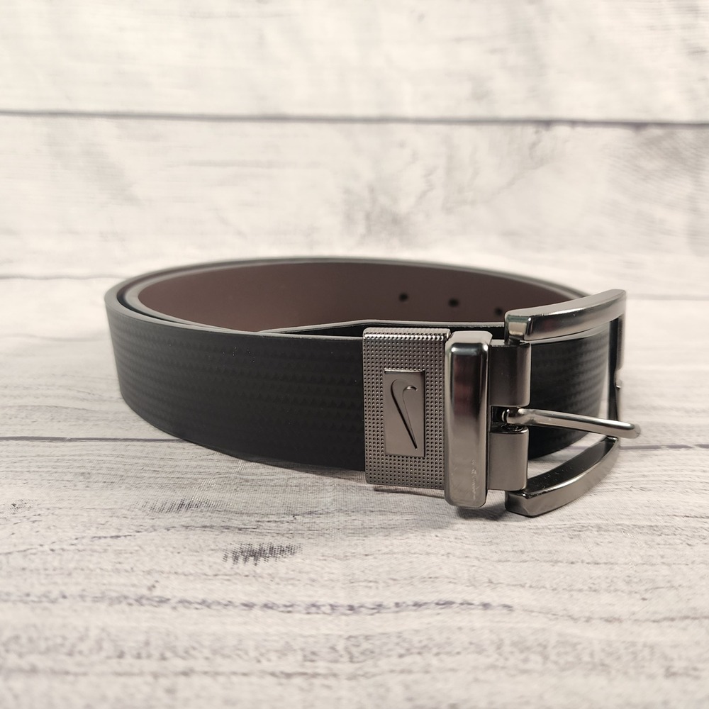 Nike Mens Reversible Golf Belt Black Brown Textured Gunmetal Buckle Swoosh Logo